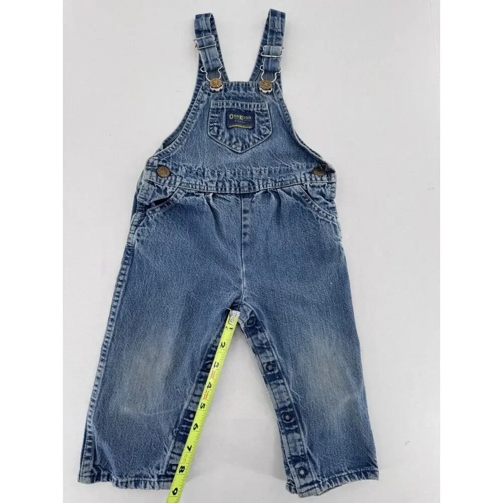 Vtg Oshkosh Overalls Vestback Sz 12m Denim Snap Blue Pockets